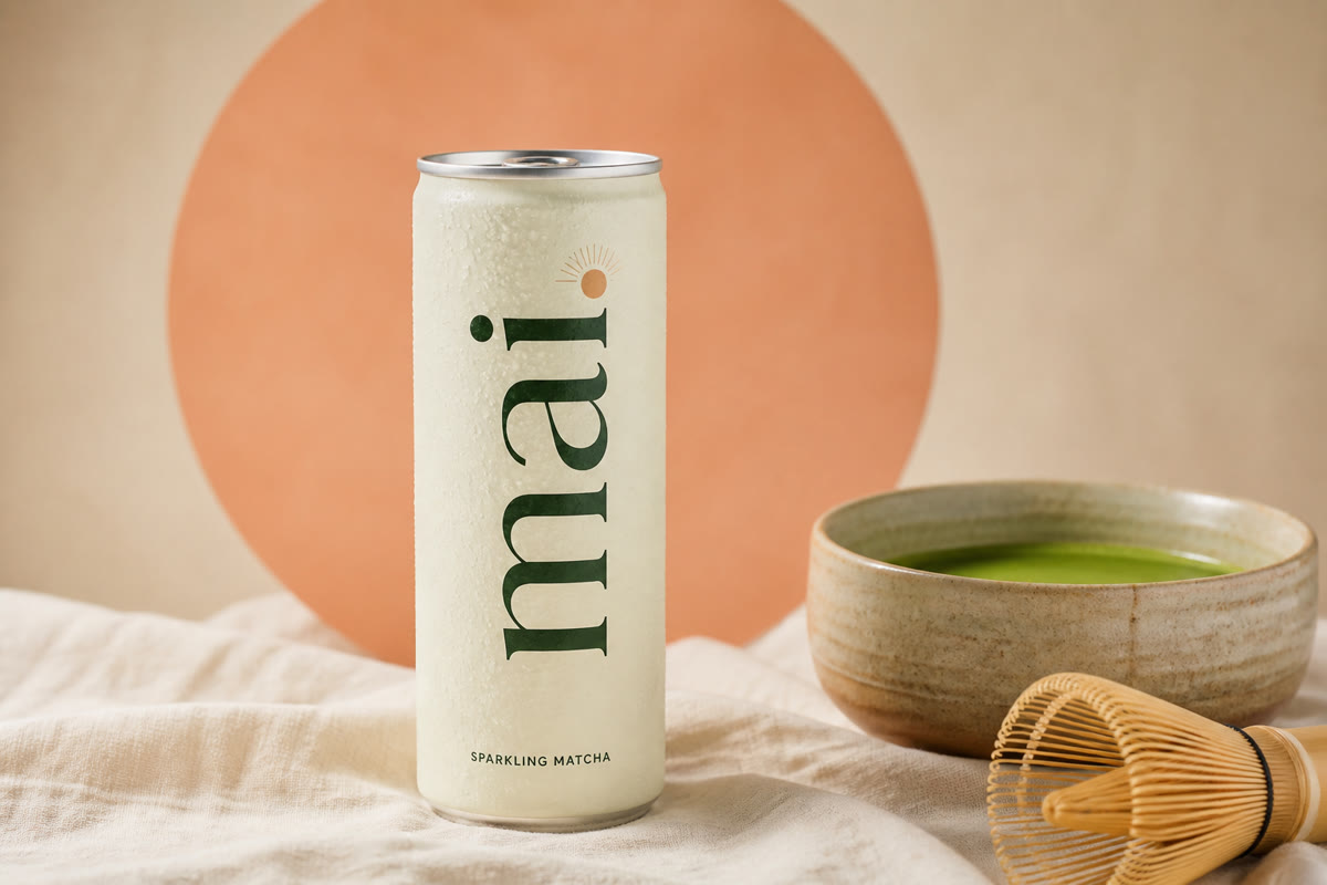 Mai sparkling matcha can with a ceramic bowl of frothy matcha and a bamboo whisk