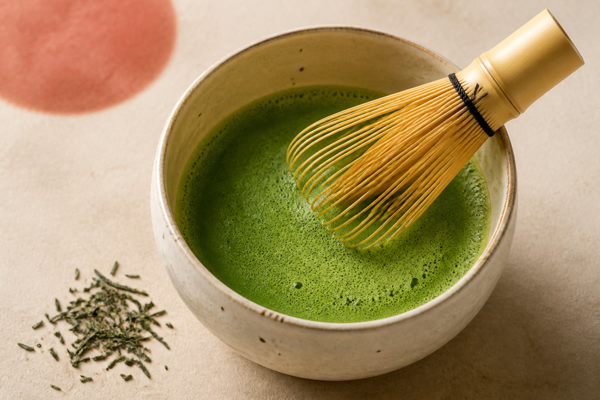 Overhead view of a ceramic bowl of frothy matcha with a bamboo whisk