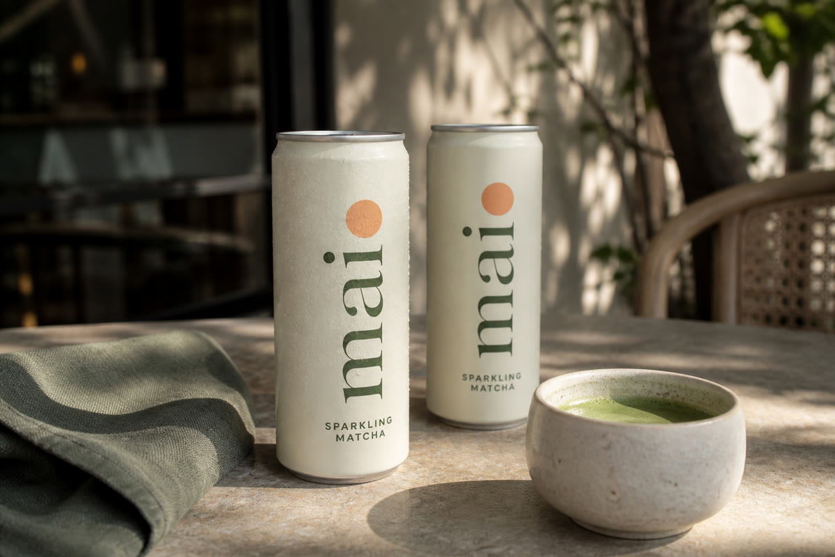 Two Mai sparkling matcha cans and a bowl of matcha on a sunlit cafe table